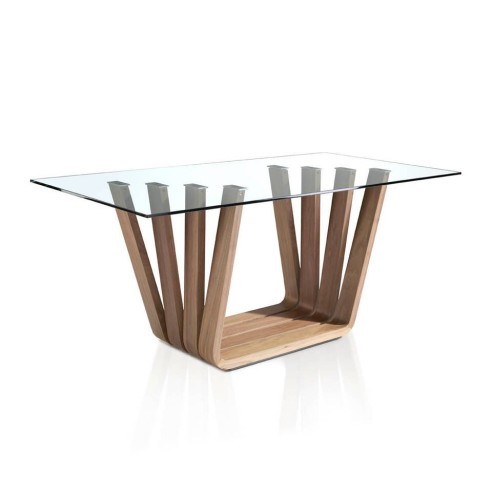 Mesa comedor con tapa fija rectangular de cristal templado y estructura de madera chapada en nogal sobre base de acero pintado e