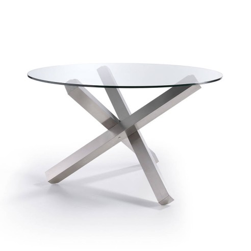 Mesa comedor con tapa fija circular de cristal templado y base de acero inoxidable pulido.