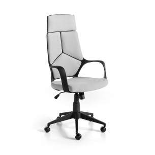 Office chair upholstered in grey fabric with armrests....