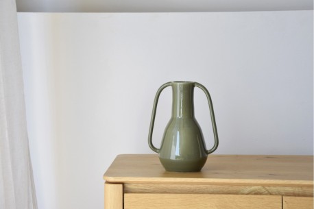 Jarrón cerámica asas Verde oliva brillo