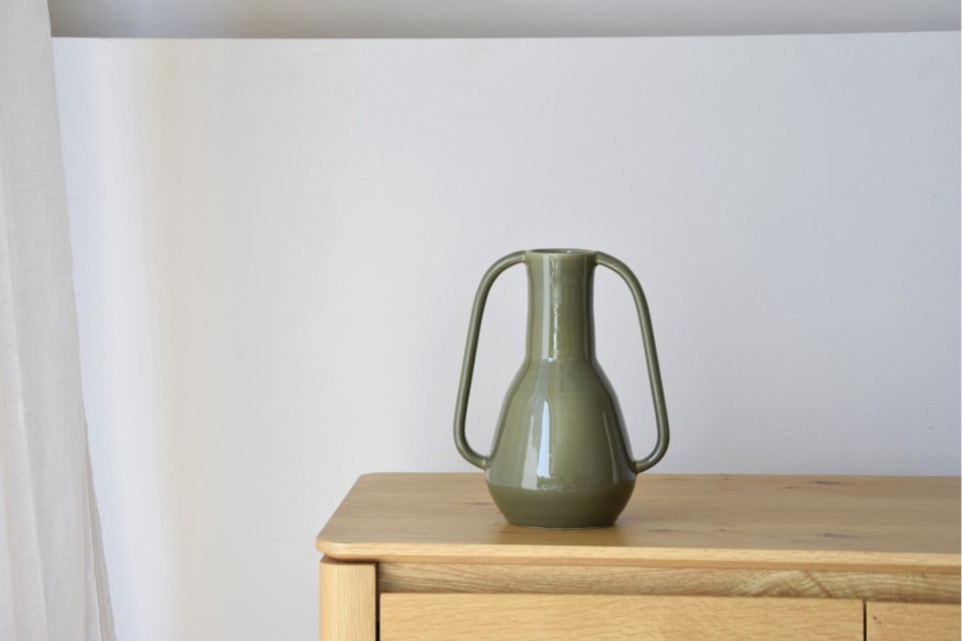 Jarrón cerámica asas Verde oliva brillo