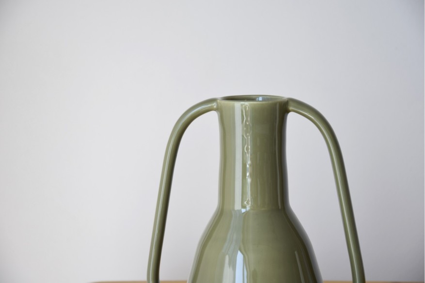 Jarrón cerámica asas Verde oliva brillo