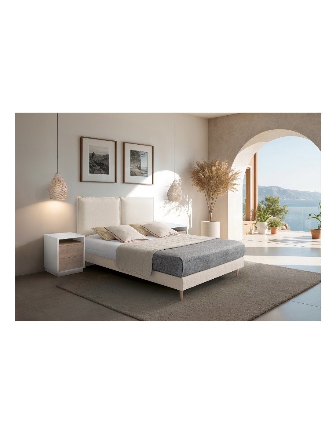 Cama Corfú con base tapizada a medida