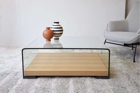Mesa de centro vidrio templado y roble.