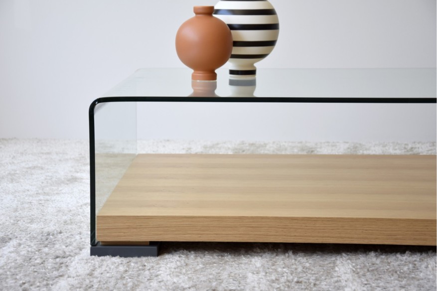 Mesa de centro vidrio templado y roble