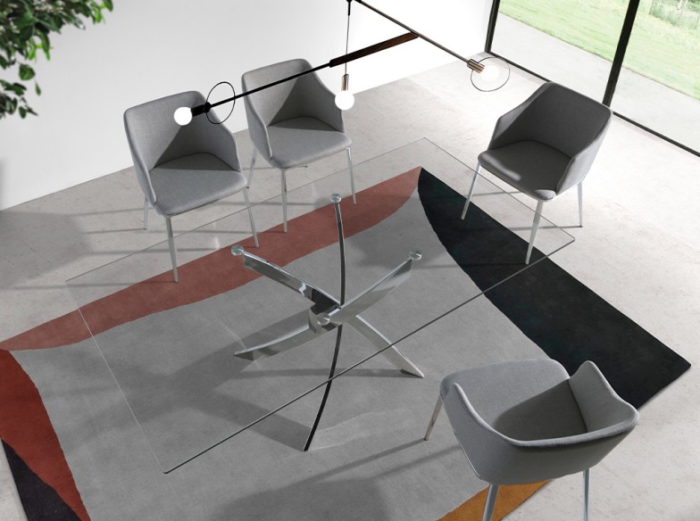Mesa comedor rectangular cristal templado y acero cromado