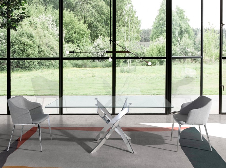 Mesa comedor rectangular cristal templado y acero cromado