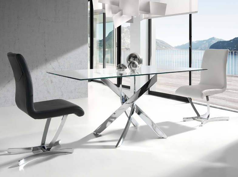 Mesa comedor rectangular cristal templado y acero cromado