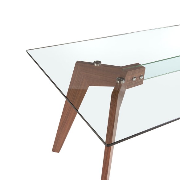 Mesa comedor rectangular cristal templado y nogal