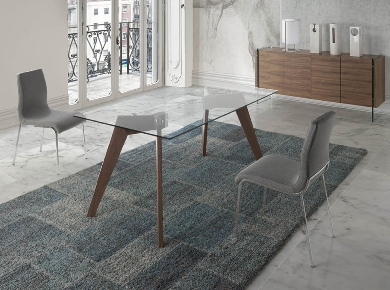 Mesa comedor rectangular cristal templado y nogal