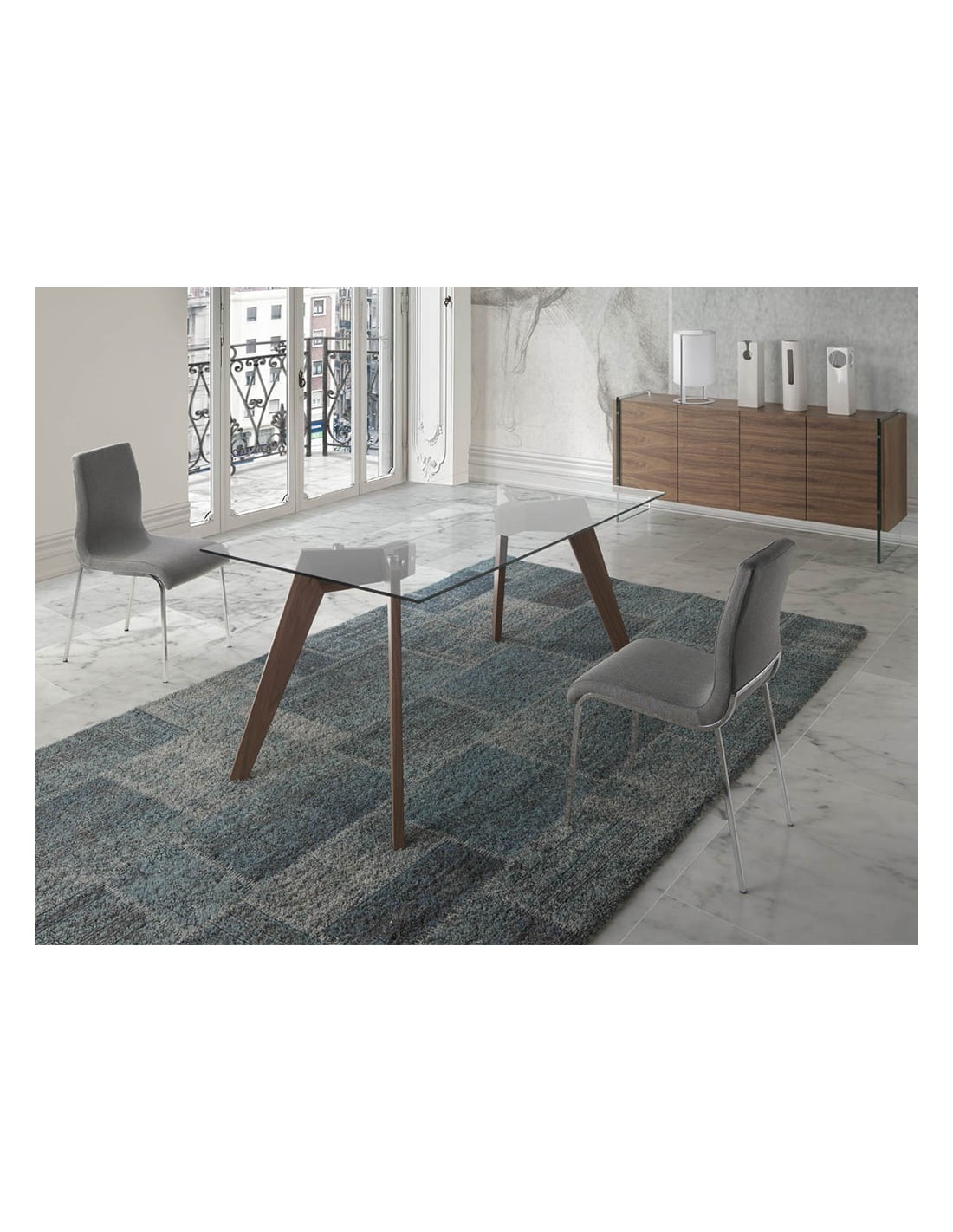 Mesa comedor rectangular cristal templado y nogal