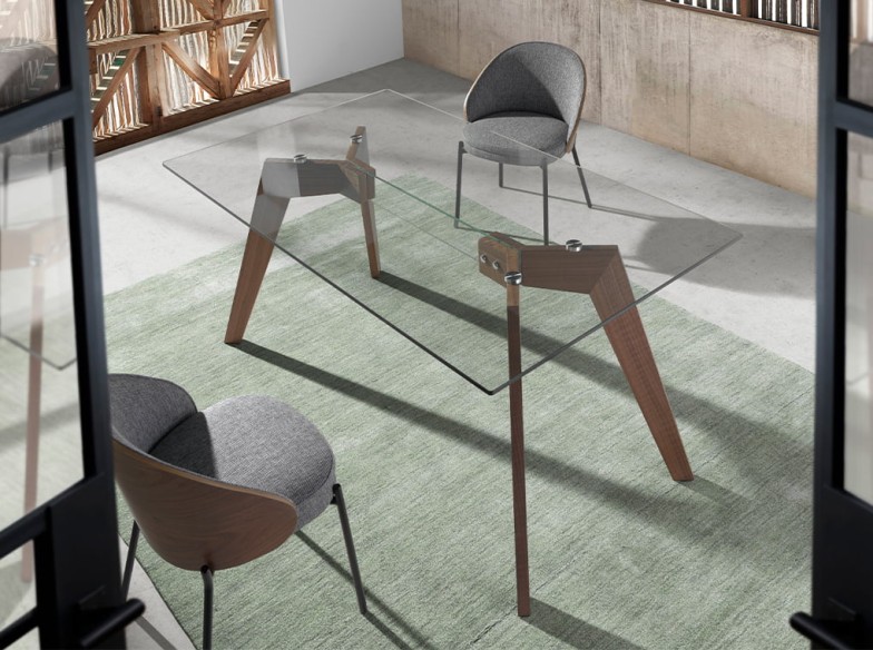 Mesa comedor rectangular cristal templado y nogal