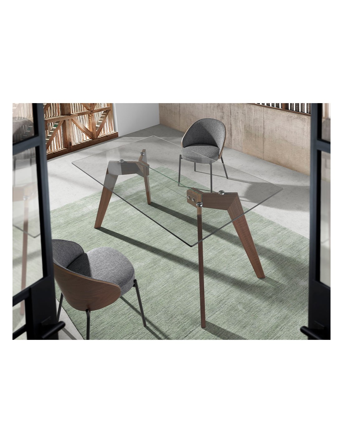 Mesa comedor rectangular cristal templado y nogal