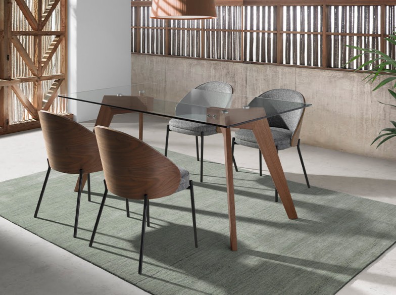 Mesa comedor rectangular cristal templado y nogal