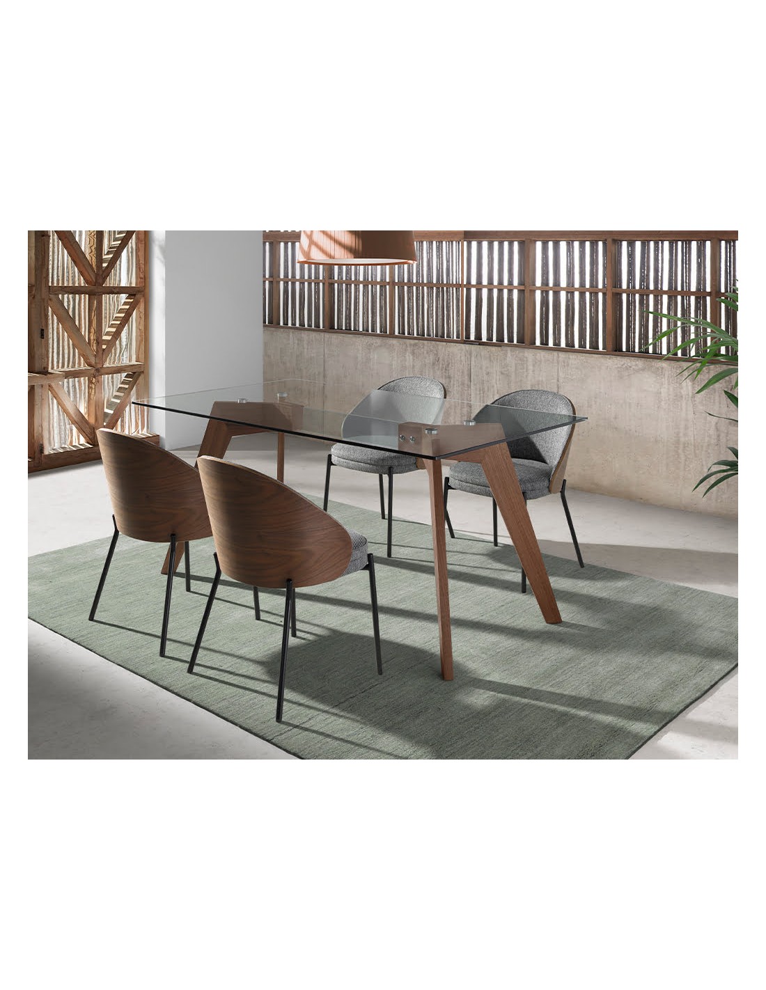 Mesa comedor rectangular cristal templado y nogal