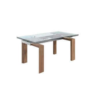 Mesa comedor extensible rectangular cristal templado y nogal