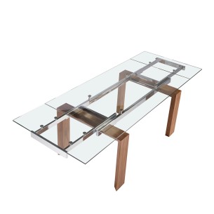 Mesa comedor extensible rectangular cristal templado y nogal 2