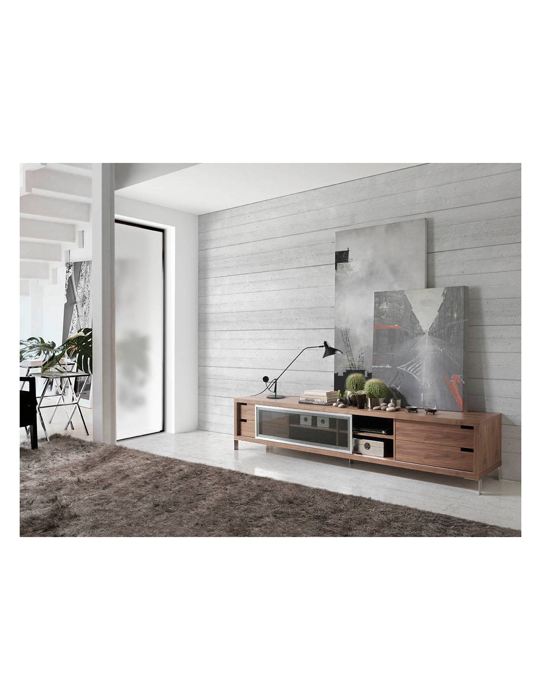 Mueble TV nogal y acero cromado