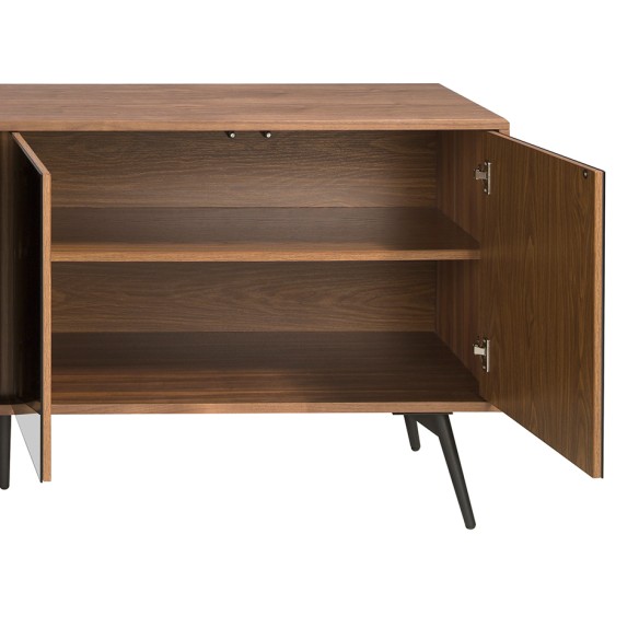 Aparador cristal negro efecto espejo, nogal y acero negro