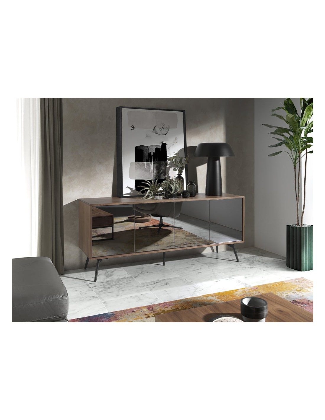 Aparador cristal negro efecto espejo, nogal y...