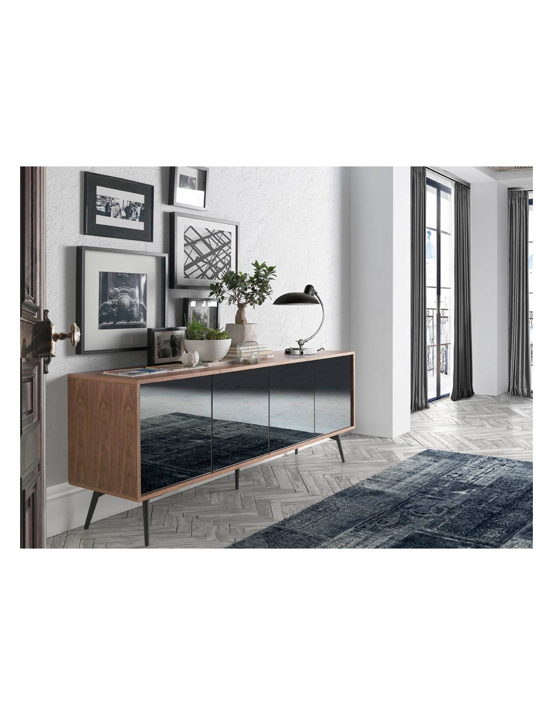 Aparador cristal negro efecto espejo, nogal y...