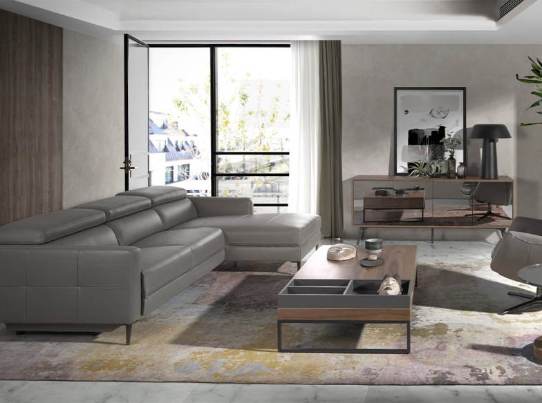 Aparador cristal negro efecto espejo, nogal y acero negro