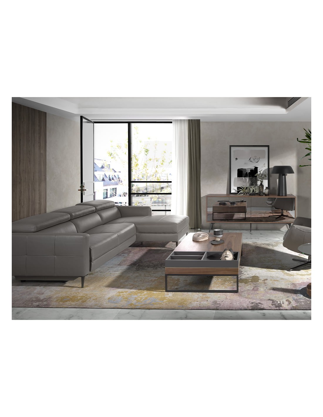 Aparador cristal negro efecto espejo, nogal y...