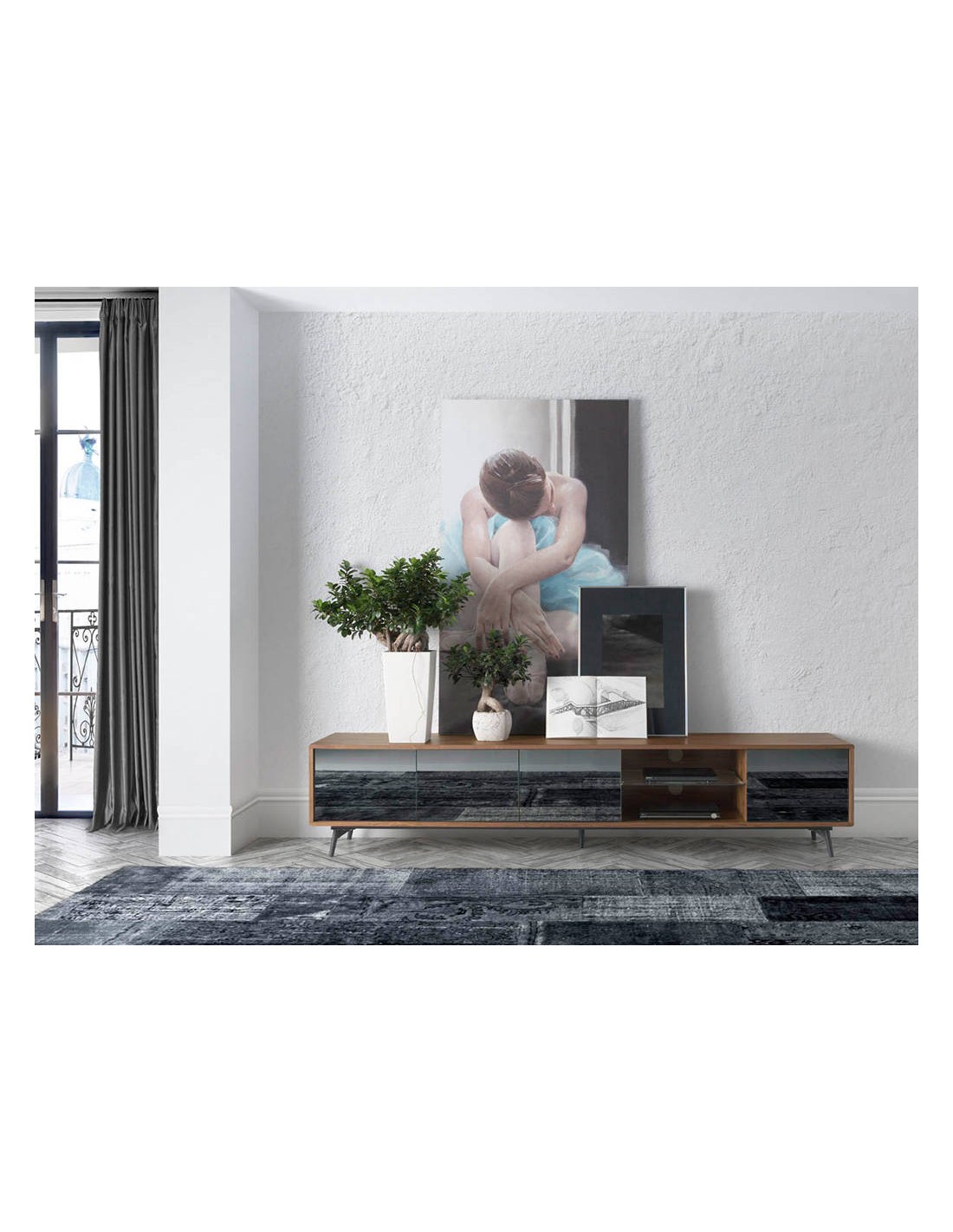 Mueble TV cristal negro efecto espejo, nogal y...