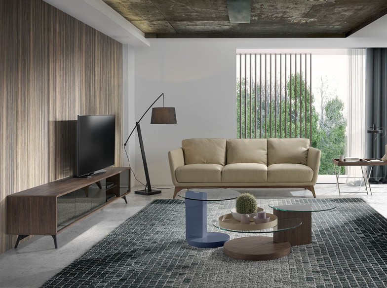 Mueble TV cristal negro efecto espejo, nogal y acero negro