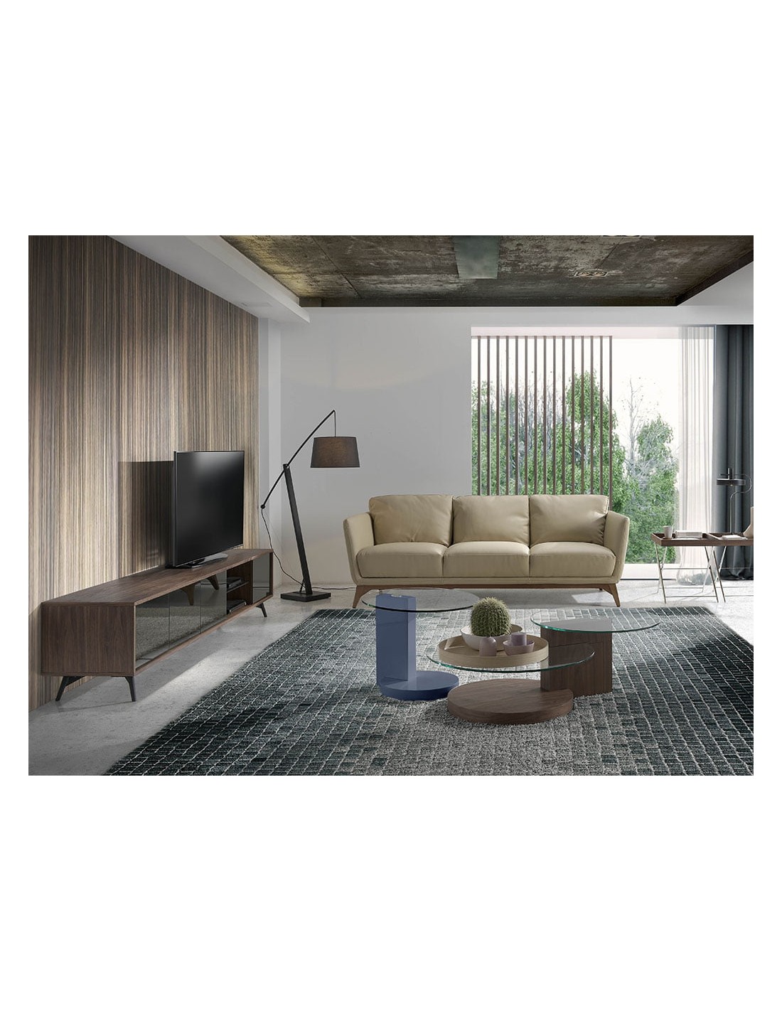 Mueble TV cristal negro efecto espejo, nogal y...