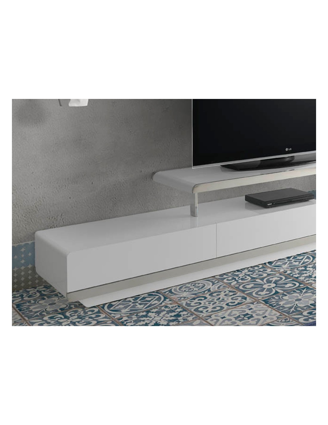 Mueble TV madera blanco y base acero cromado