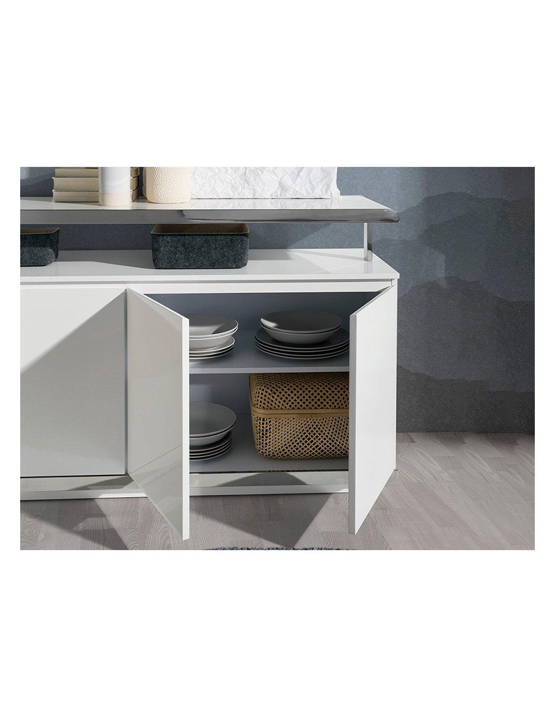 Aparador madera blanco y base acero cromado