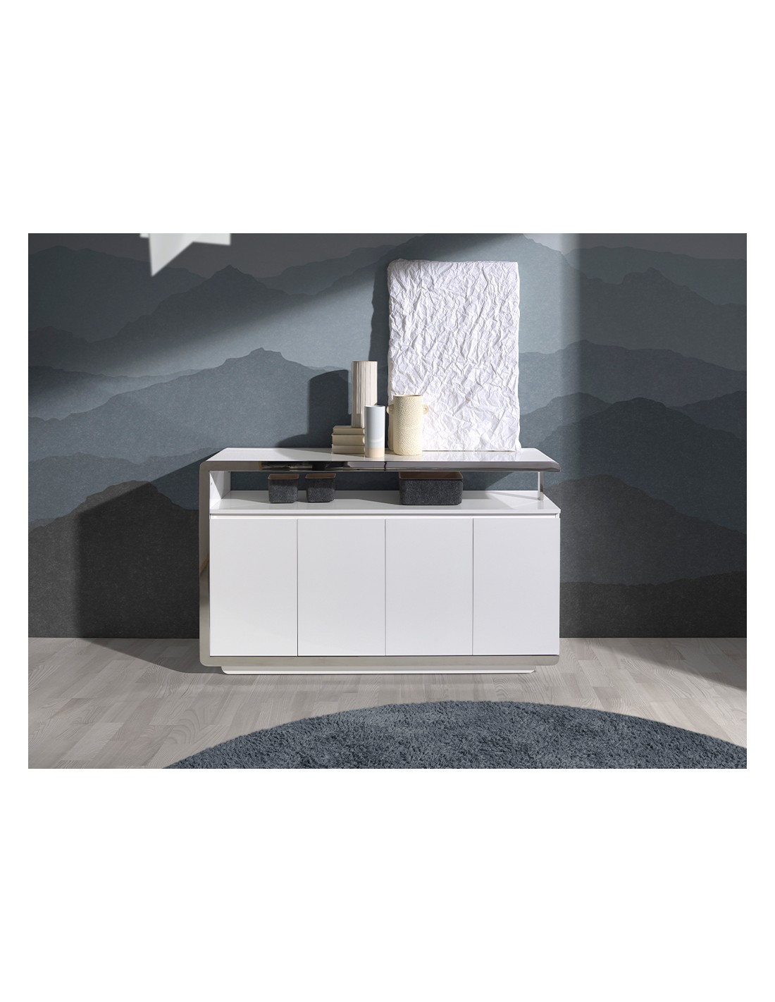 Aparador madera blanco y base acero cromado