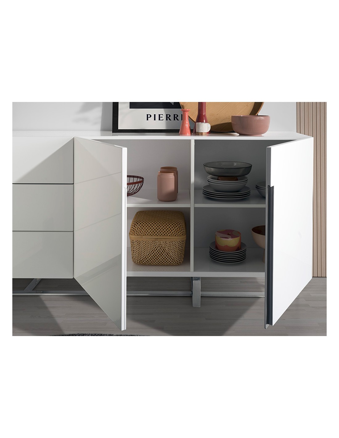 Aparador madera blanco y acero cromado