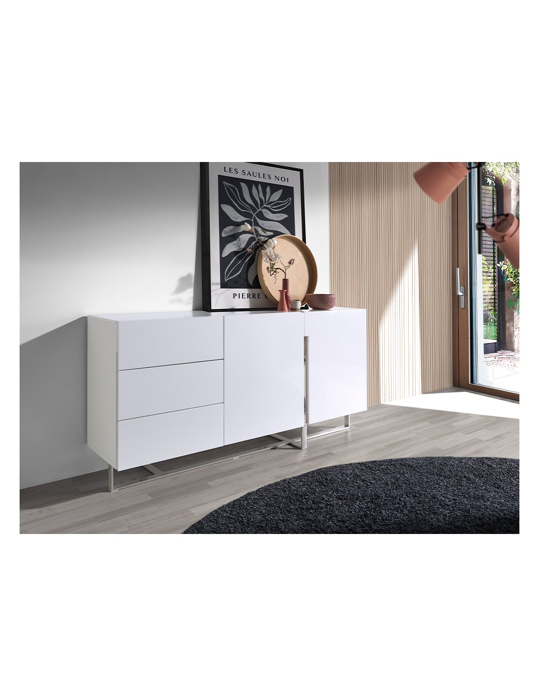 Aparador madera blanco y acero cromado