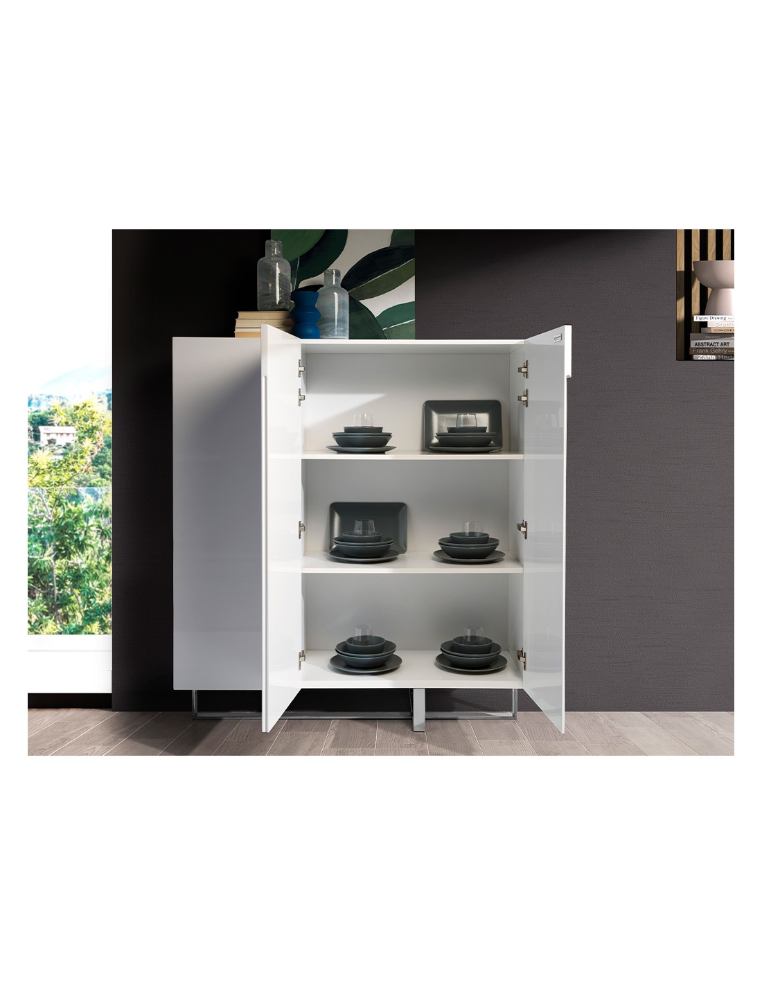 Aparador alto madera blanco y acero cromado