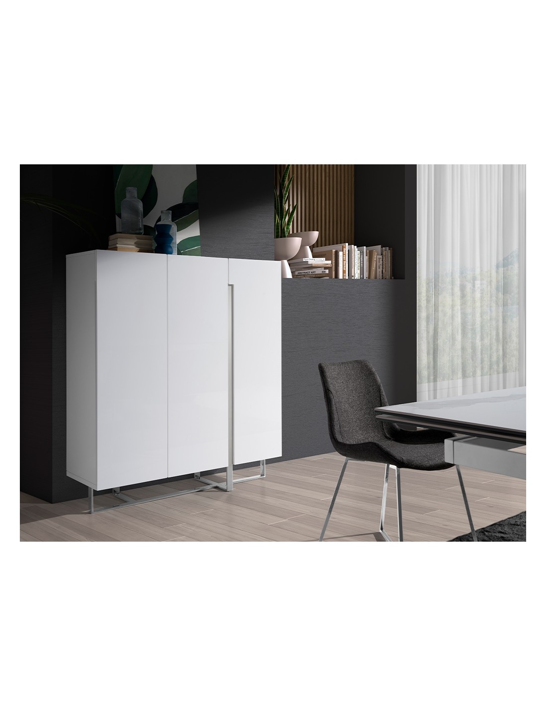 Aparador alto madera blanco y acero cromado