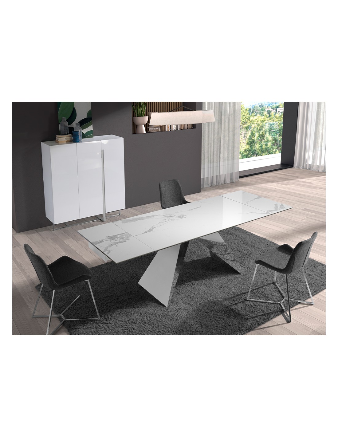 Aparador alto madera blanco y acero cromado