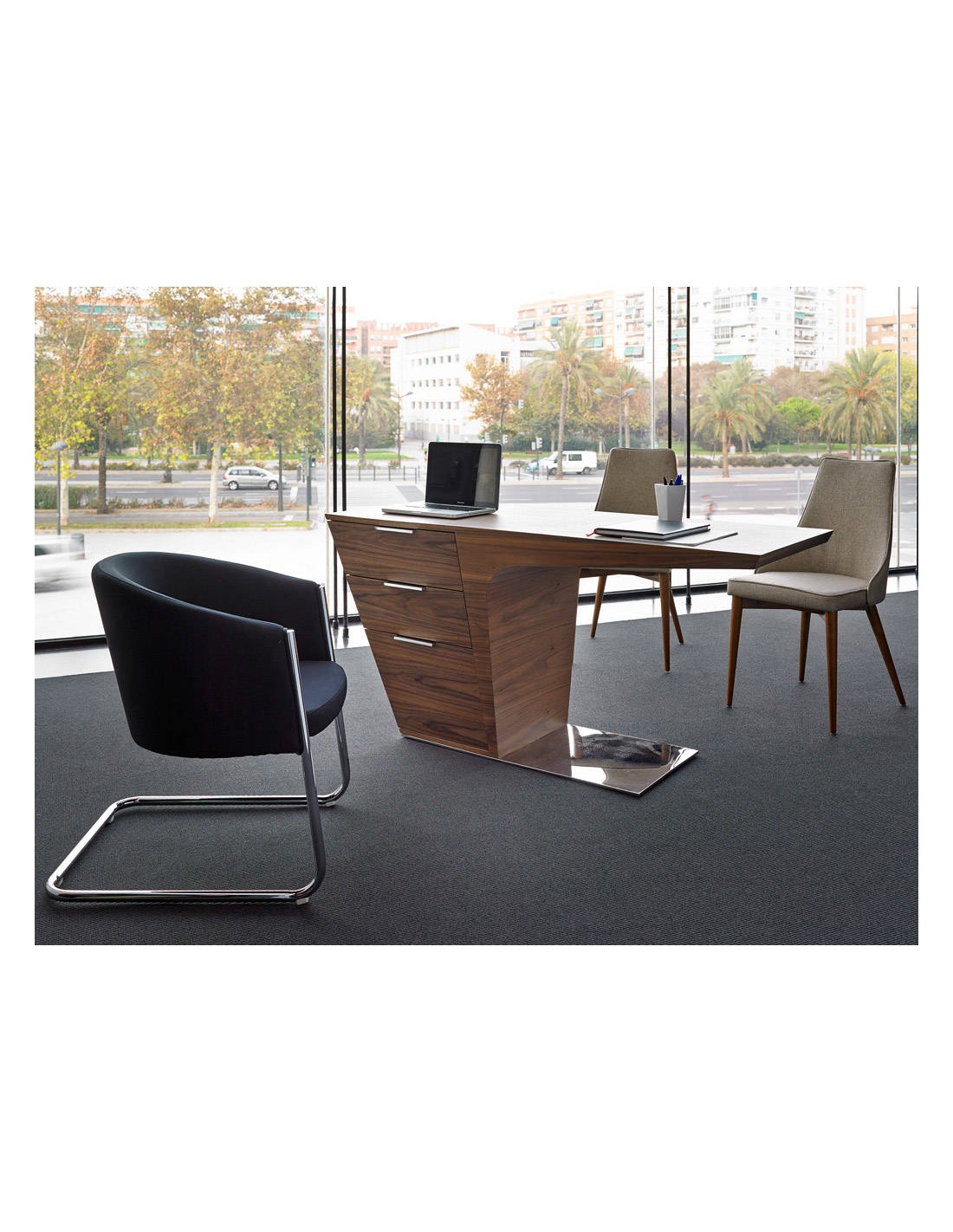 Escritorio nogal y base acero cromado