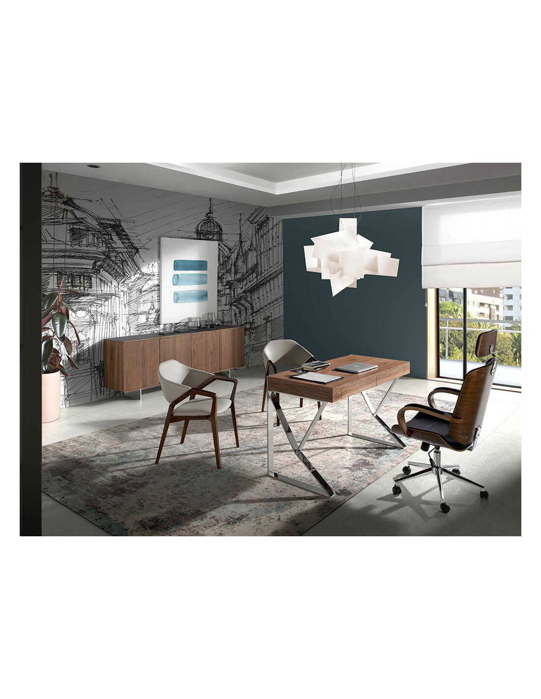 Escritorio nogal y acero cromado