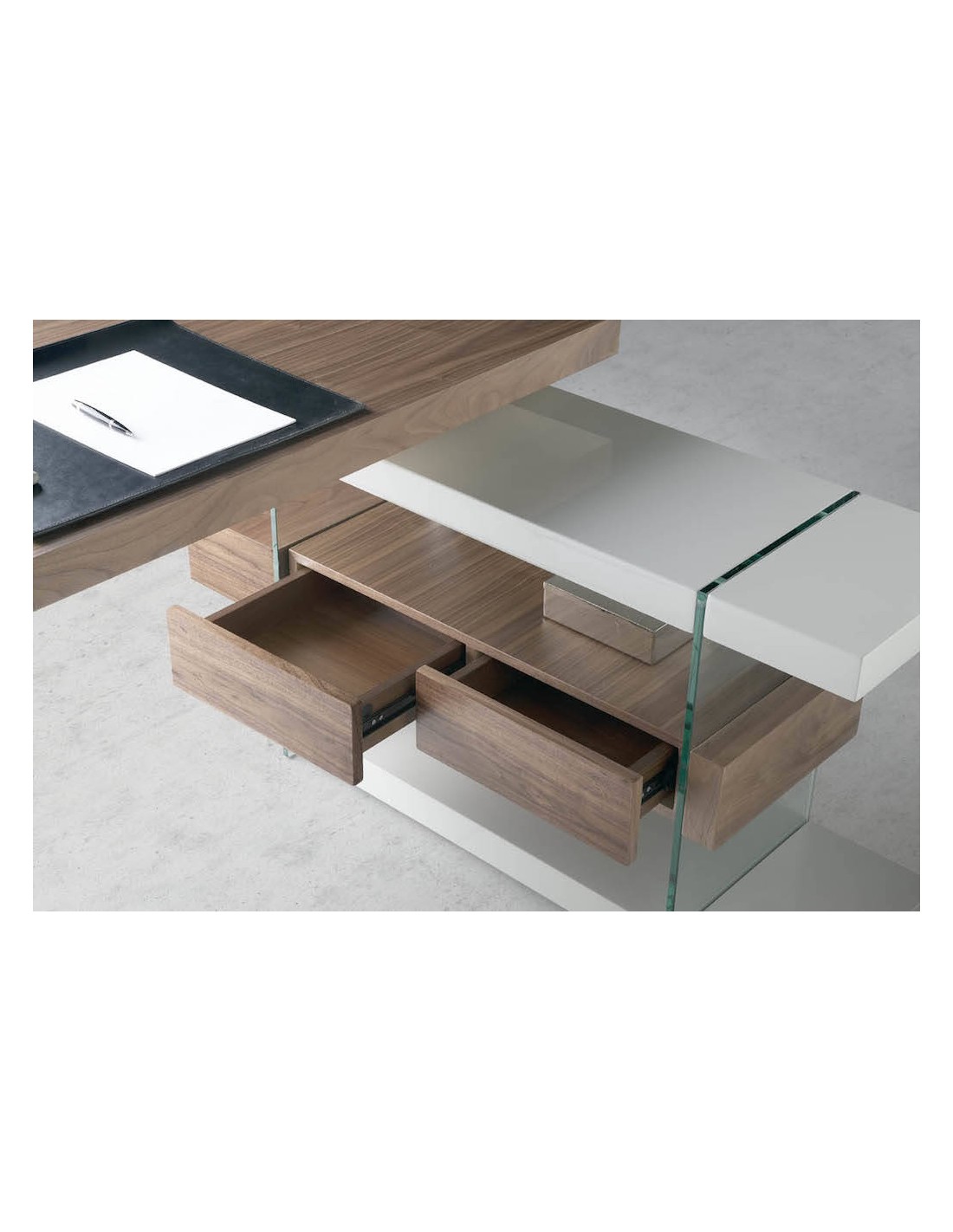 Escritorio madera gris y cristal templado con...