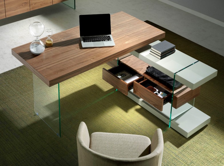 Escritorio madera gris y cristal templado con tapa de nogal