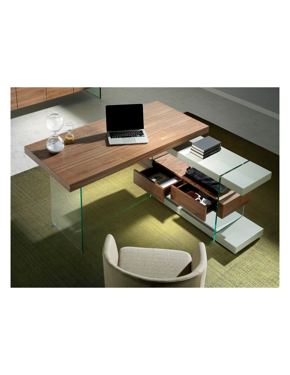 Escritorio madera gris y cristal templado con...