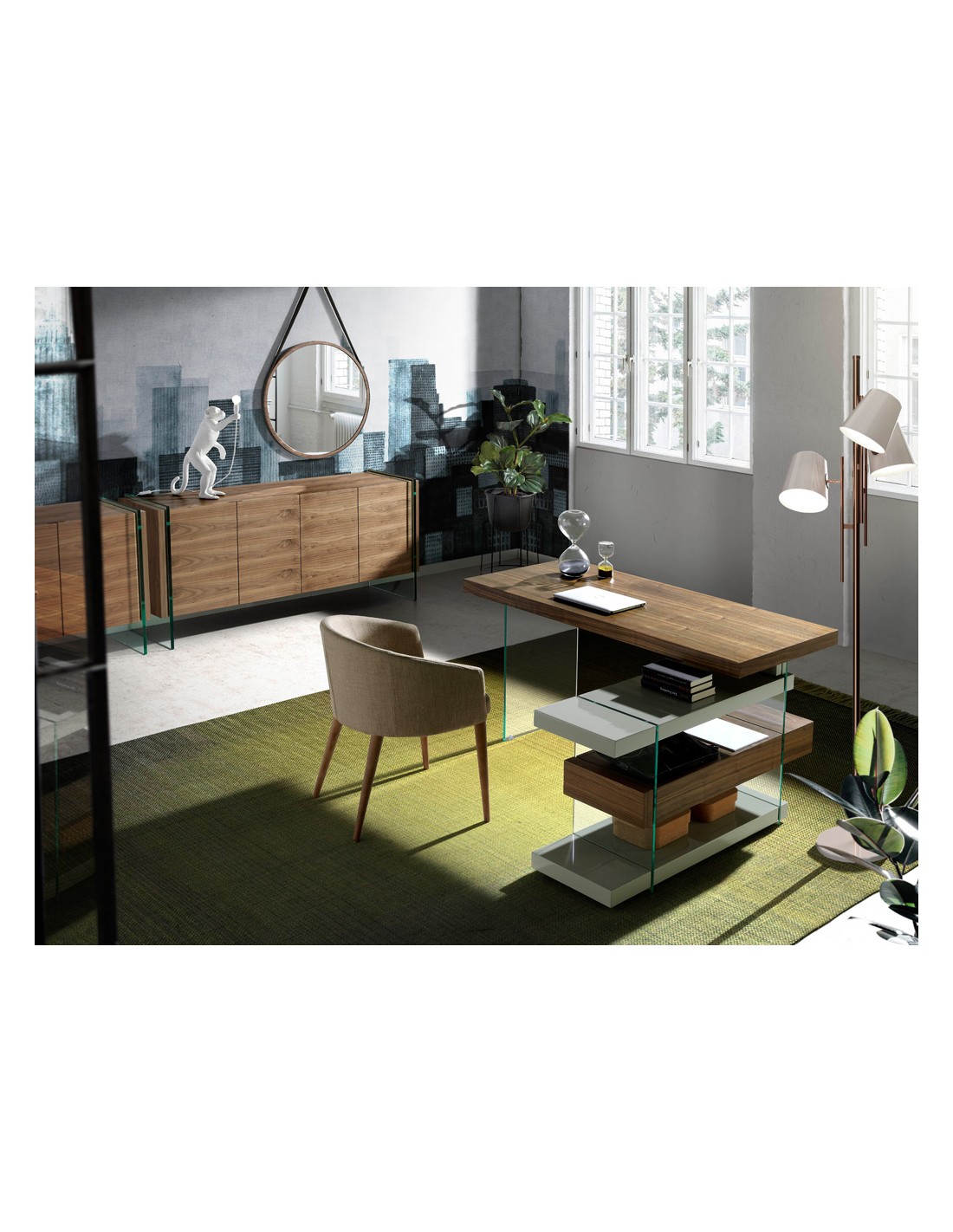 Escritorio madera gris y cristal templado con...