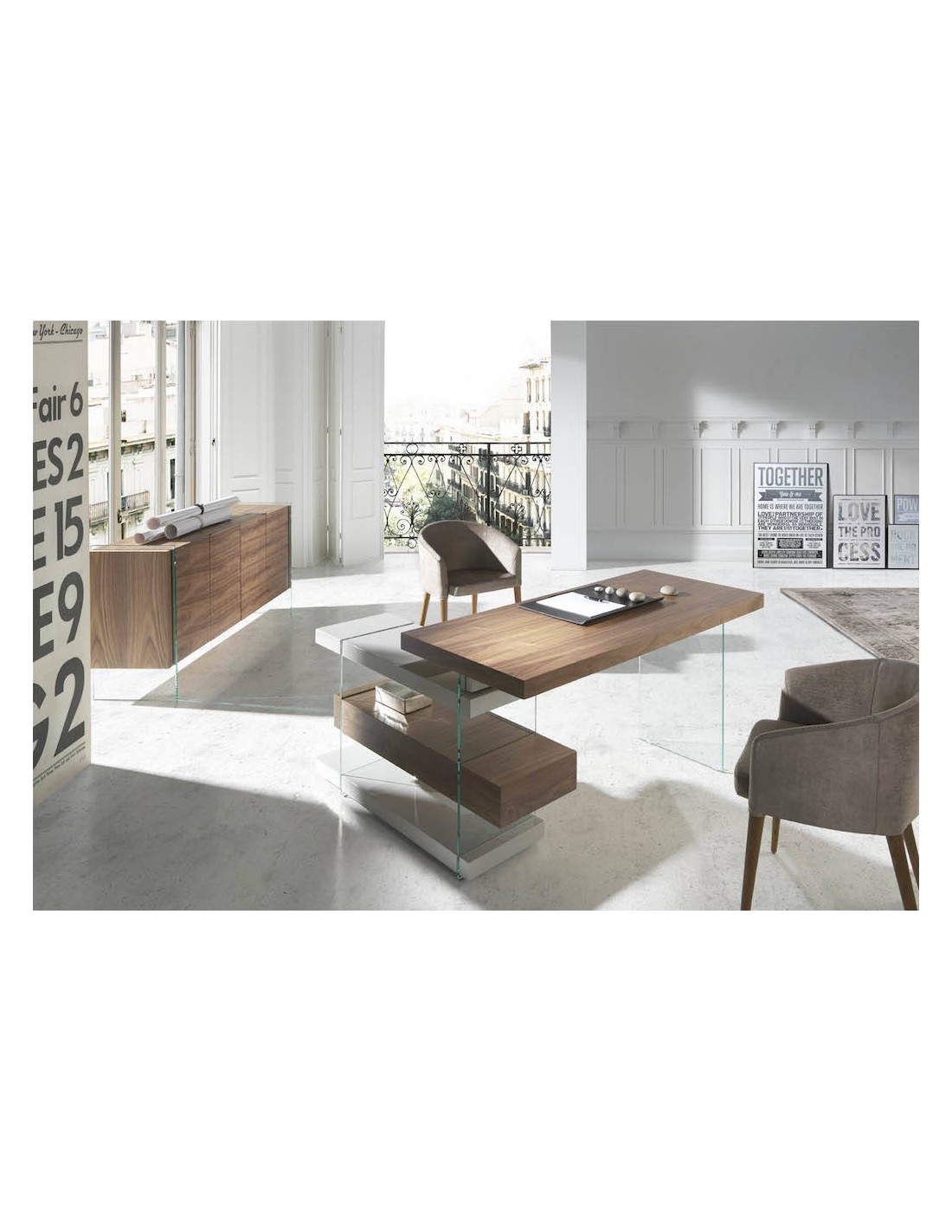 Escritorio madera gris y cristal templado con...