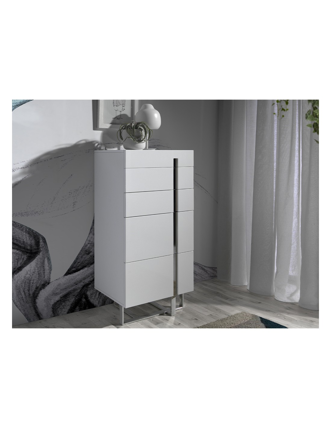 Chifonier madera blanco y acero cromado