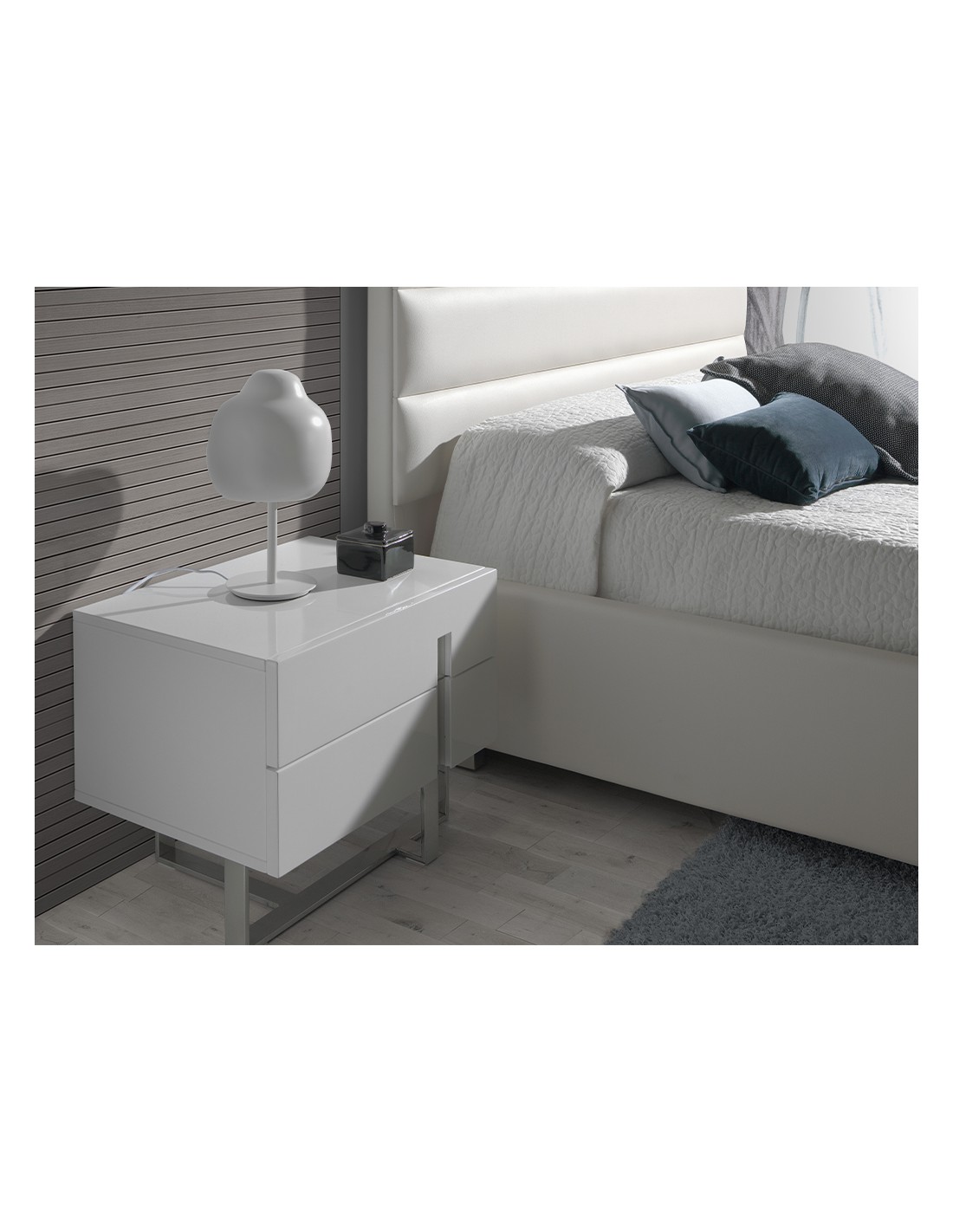 Mesita de noche madera blanco y acero cromado