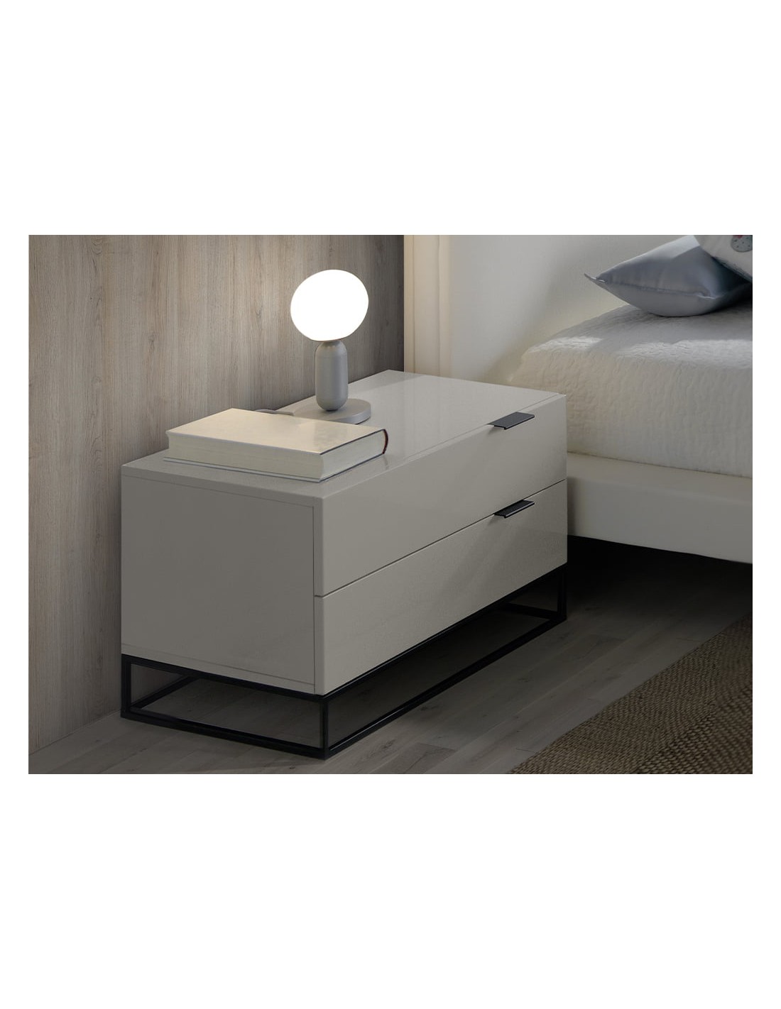 Mesita de noche madera gris y acero negro