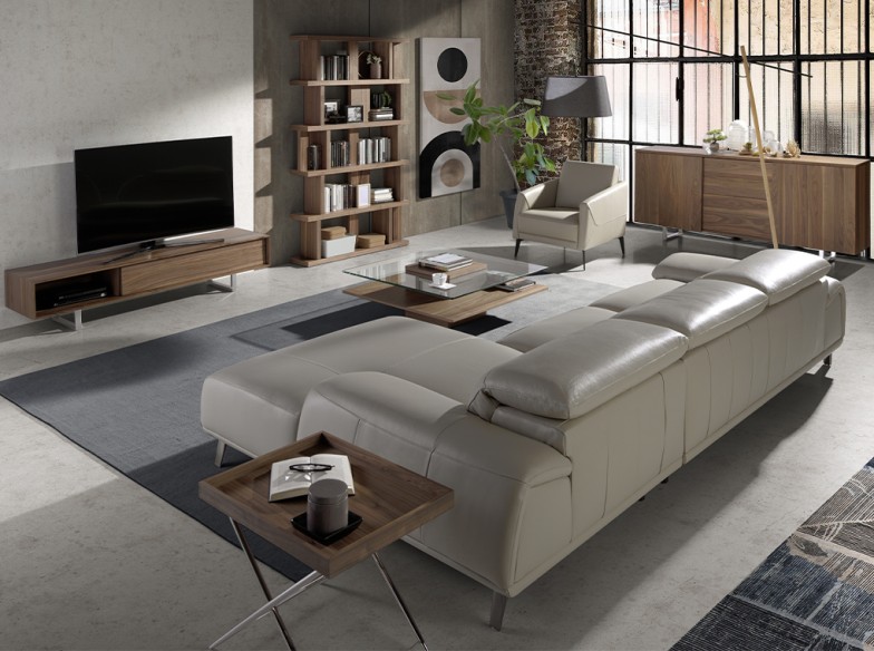 Mesa rincón rectangular nogal y acero cromado