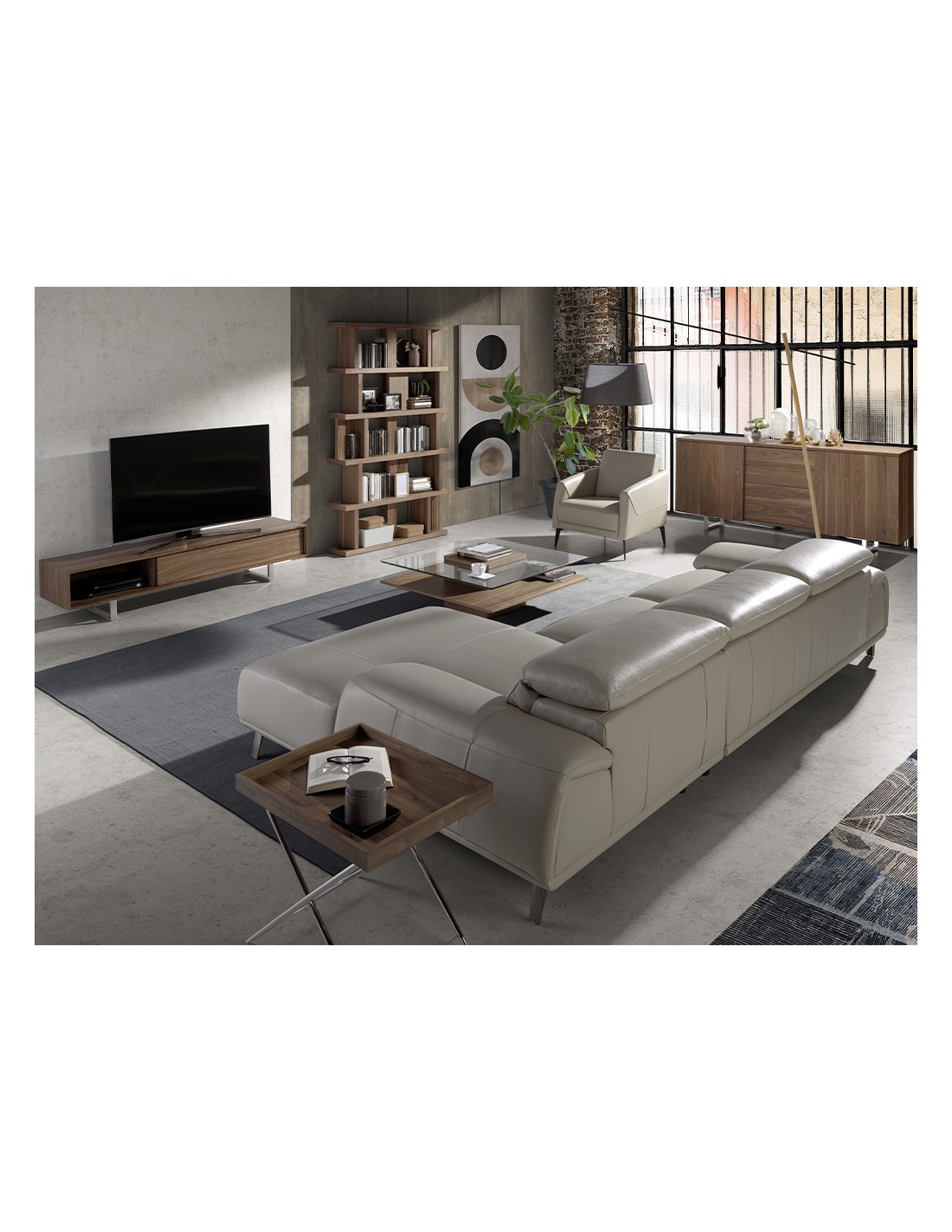 Mesa rincón rectangular nogal y acero cromado